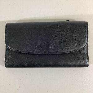 Coach Large Trifold Soft Black Saddle Pebble Leather Checkbook Wallet